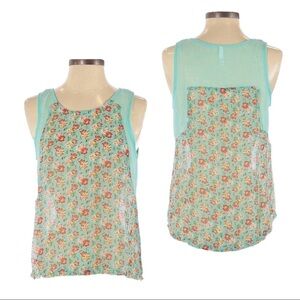 🌺 Trendology Sheer Sleeveless Ditsy Floral Silk Aqua Boho Blouse Size S
